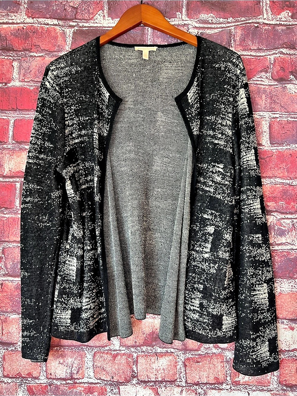 Eileen Fisher Organic Linen Abstract Jacquard Open Front Cardigan M
